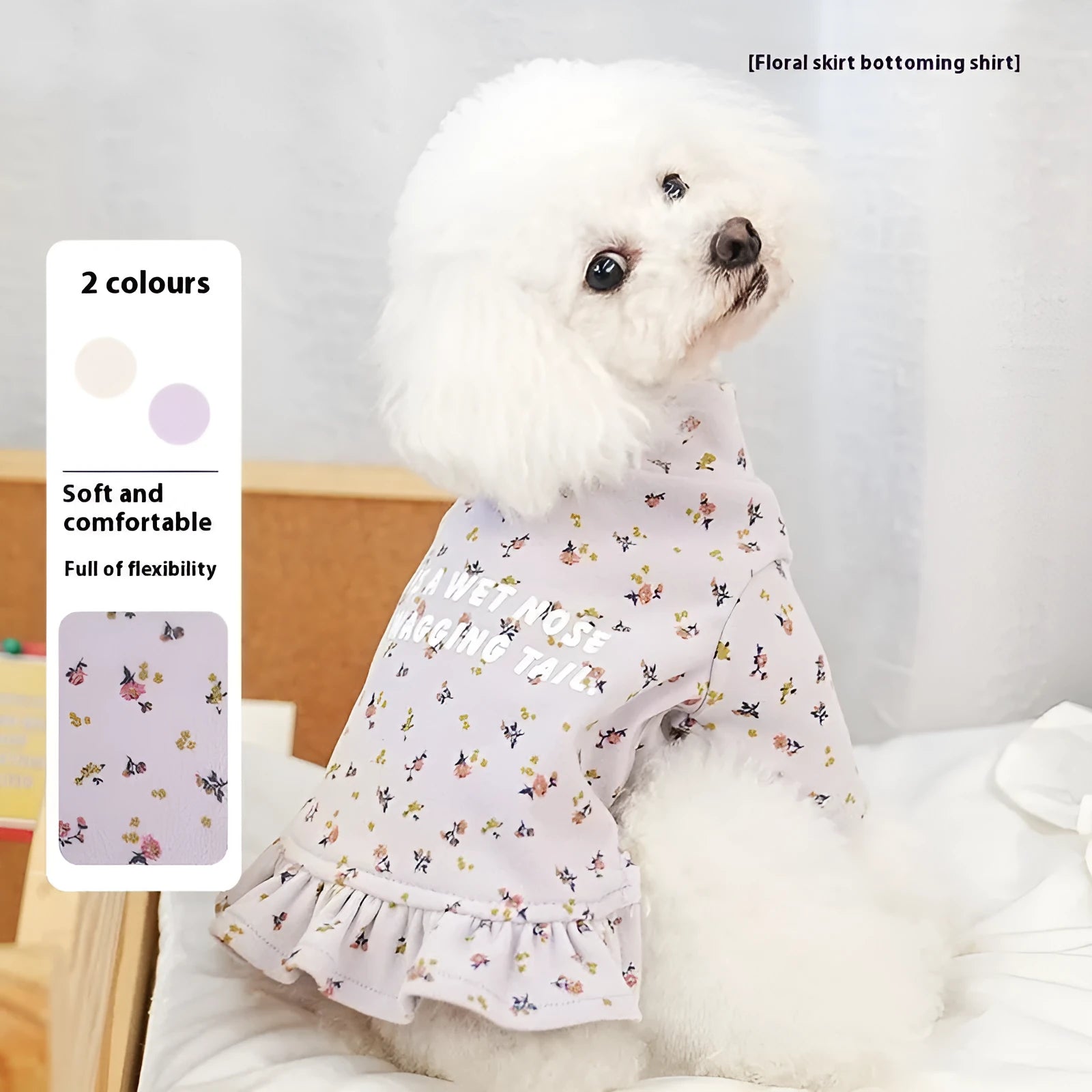 Apricot and light purple floral skirt and undershirt set for small dogs on a white background