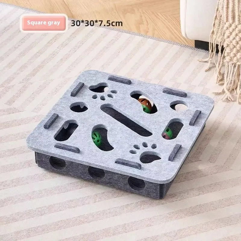 Green brown felt cat toy box with holes and detachable felt mice for hide-and-seek play.