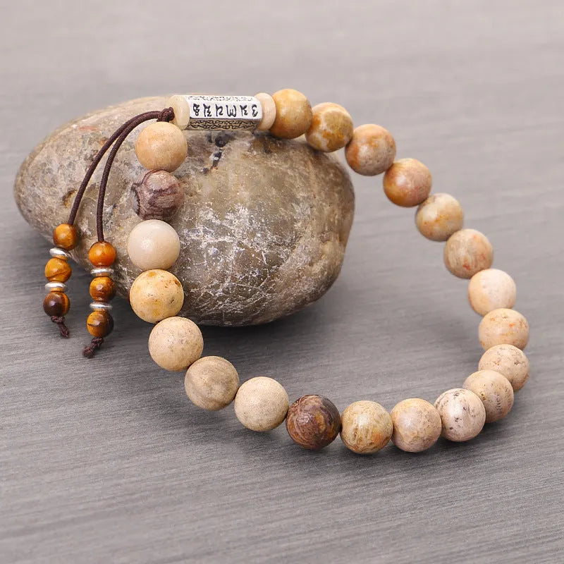 Handmade stone bead bracelet with wood colour finish and European American retro style