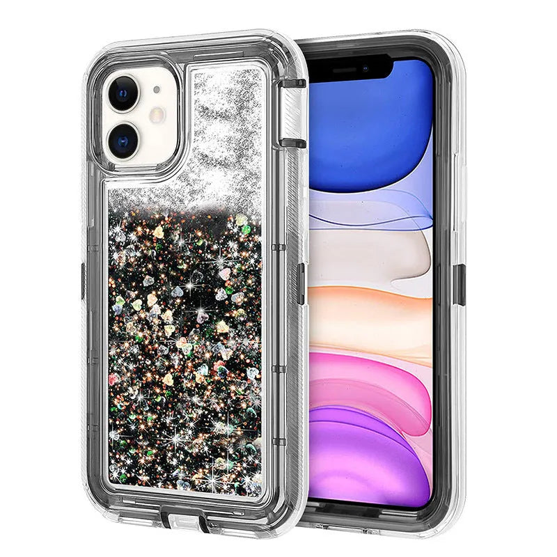 Liquid Quicksand Three-in-one Phone Case in rose gold for iPhone14 Pro, shockproof TPU PC back cover with airbag