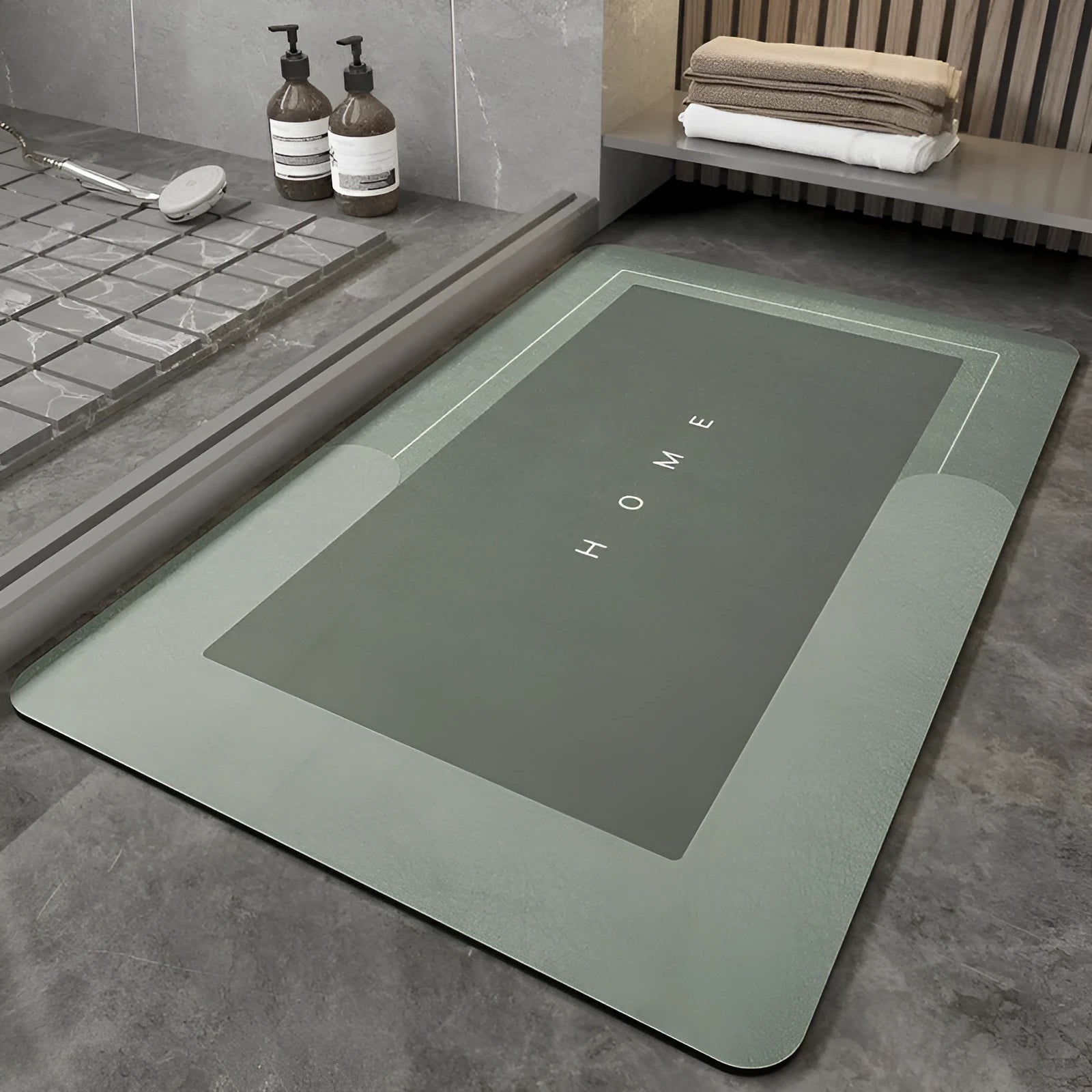 Baikal colour anti-slip bathroom floor mat in oval and rectangular shapes on tiled floor