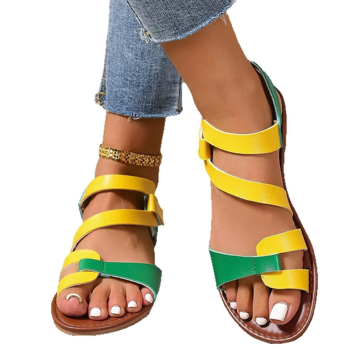 Women's flat sandals with a Velcro strap, round toe, and rubber sole in black, brown, and colourful options.