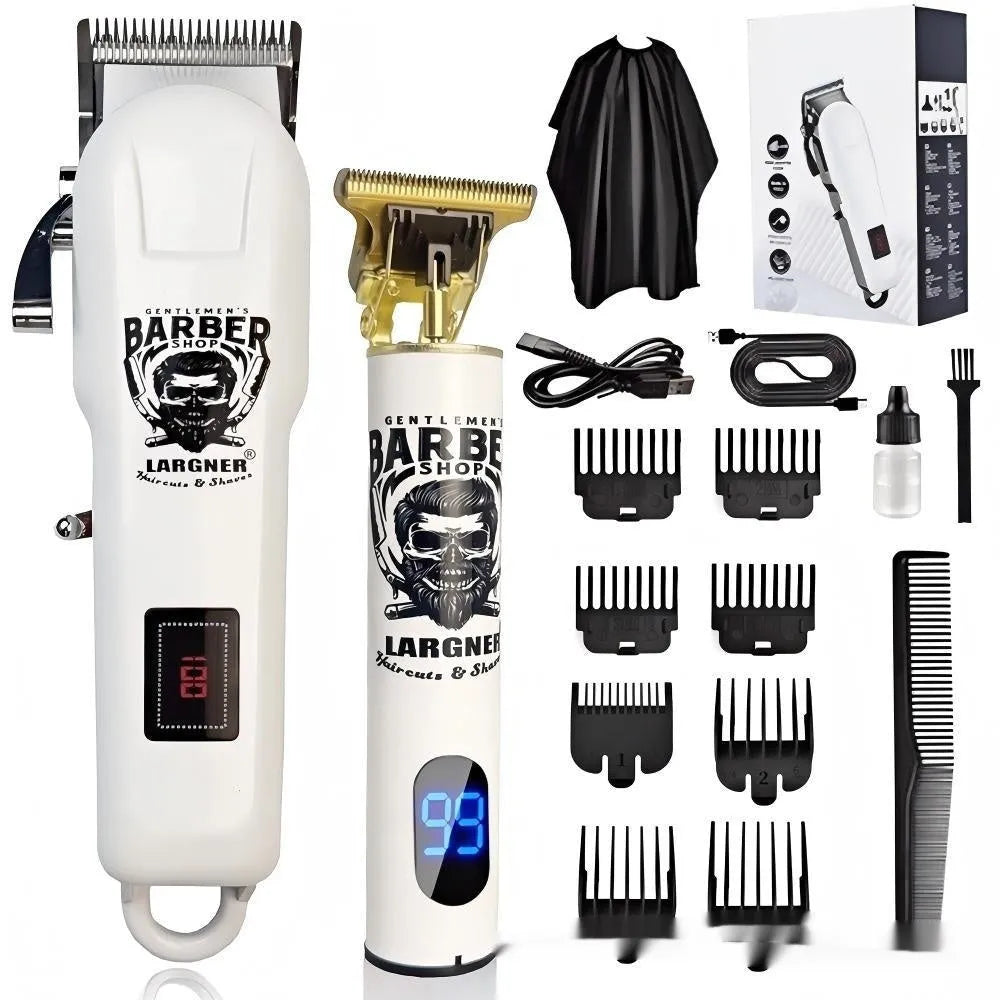 Rechargeable hair clipper with stainless steel cutter head, plastic body, and 4-in-1 accessory kit on a table.