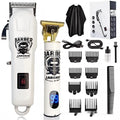Rechargeable hair clipper with stainless steel cutter head, plastic body, and 4-in-1 accessory kit on a table.