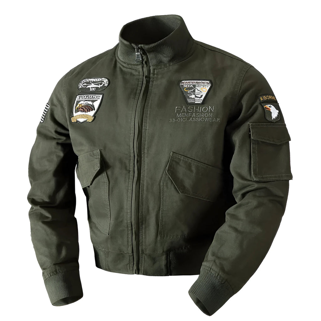 Men's loose military jacket in khaki polyester with printed finish, front view