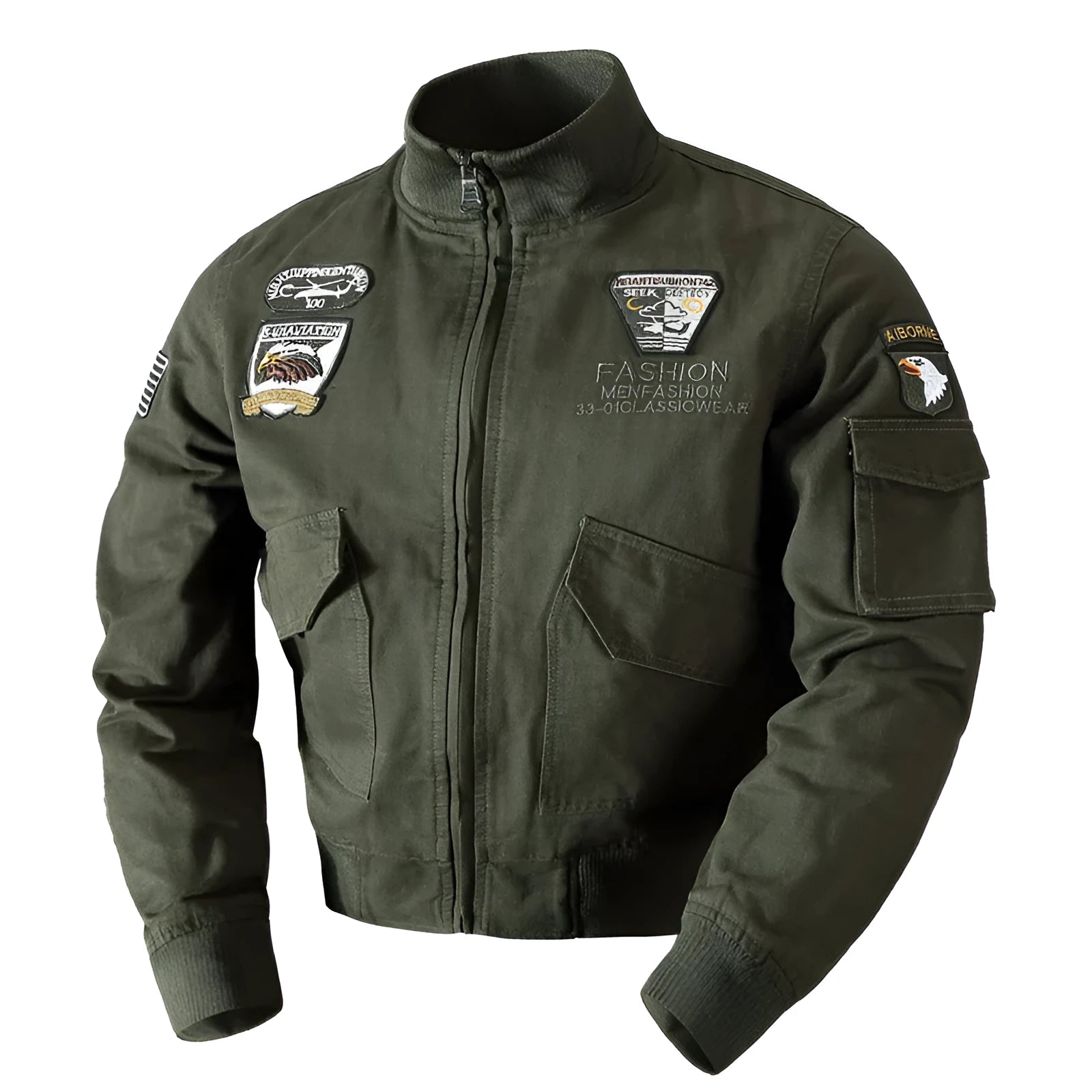 Men's loose military jacket in khaki polyester with printed finish, front view