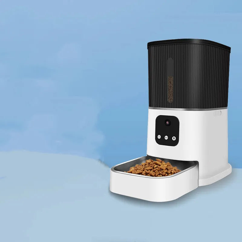 Pet remote control intelligent feeding machine with 3L capacity, ABS and 304 stainless steel, black colour, featuring real-time voice and video