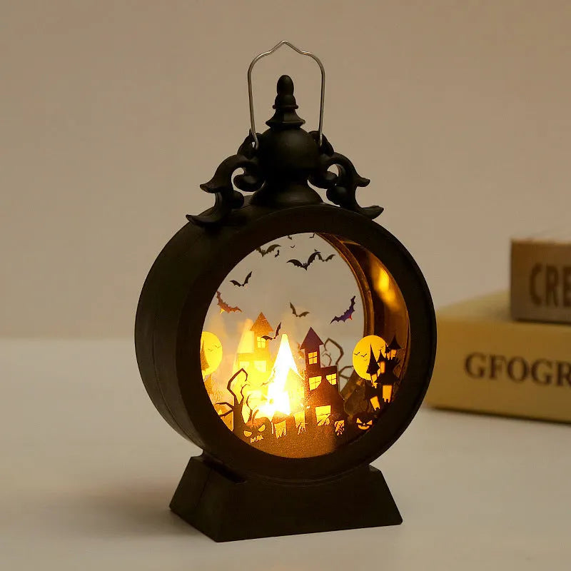 Halloween retro candle portable storm lantern with hook, LED light in pumpkin colour, 9.5x15cm size