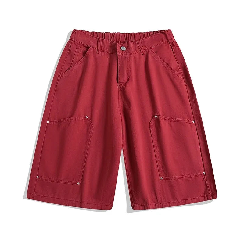Cropped workwear pants in wide-leg design showing apricot, red, and army green colour options