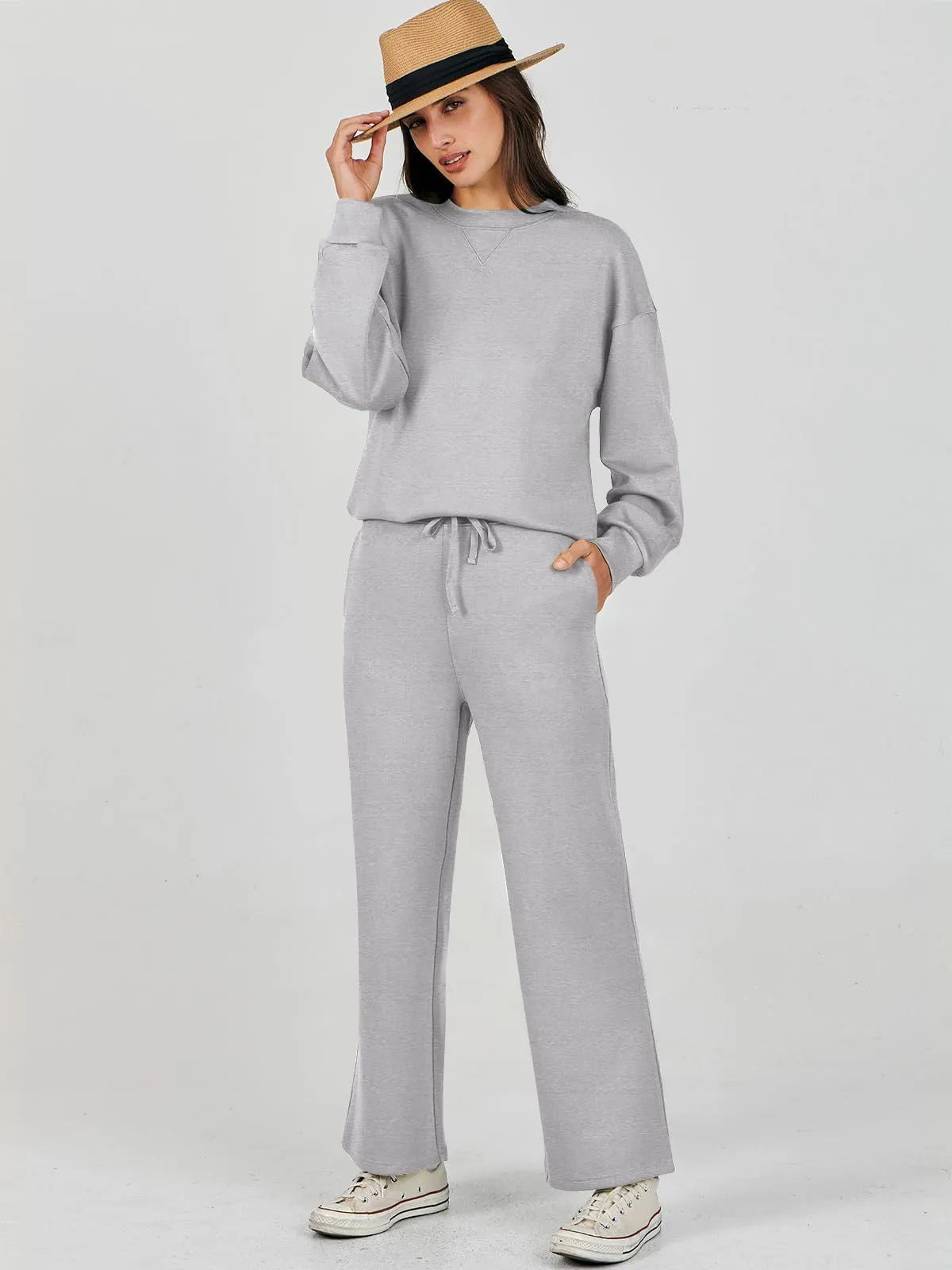 Women's colour block long sleeve sweater suit with trousers in street hipster European and American style