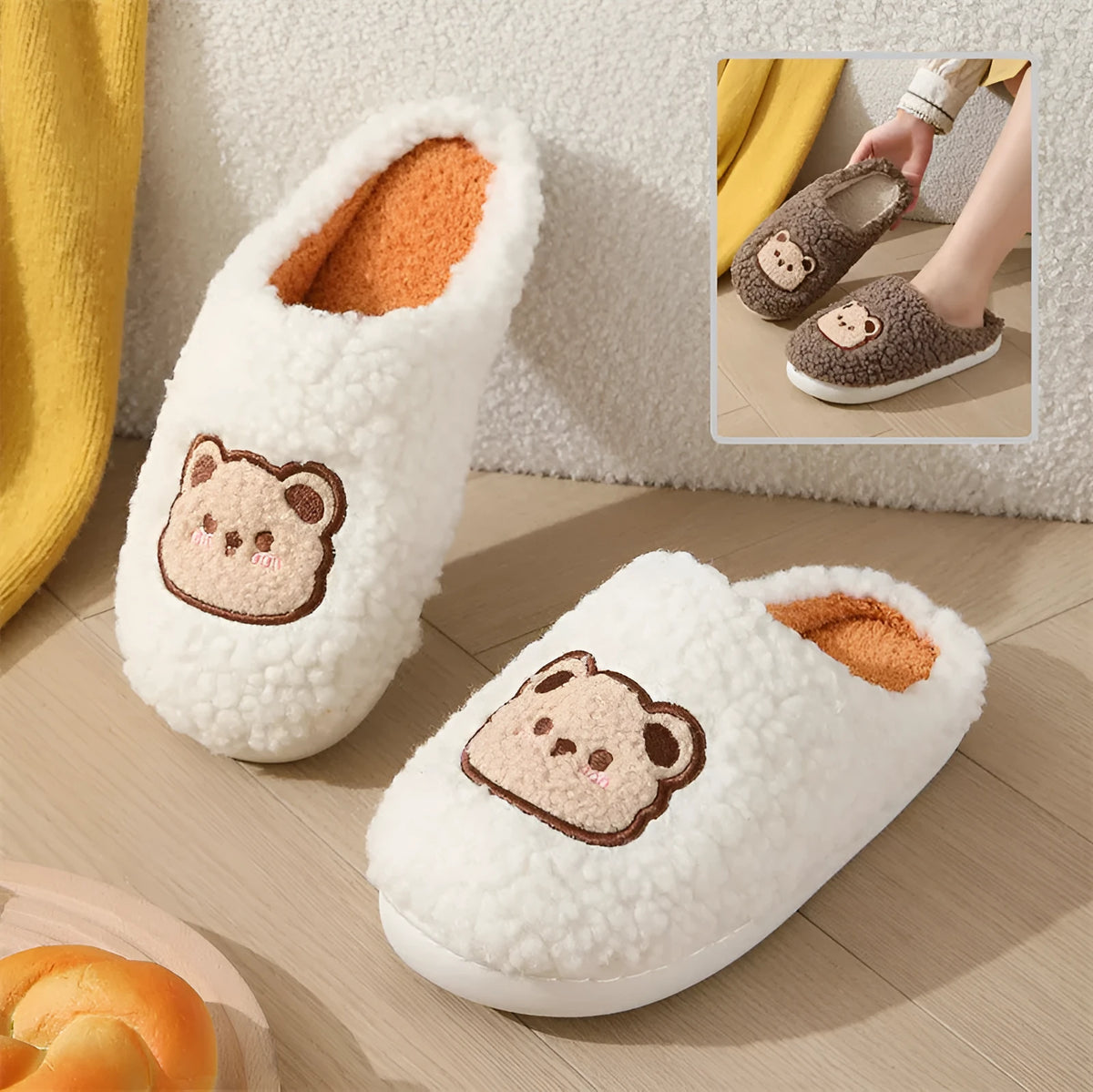 Cartoon bear plush slippers with TPR non-slip sole in white or coffee, unisex sleeve style, sizes 36-45