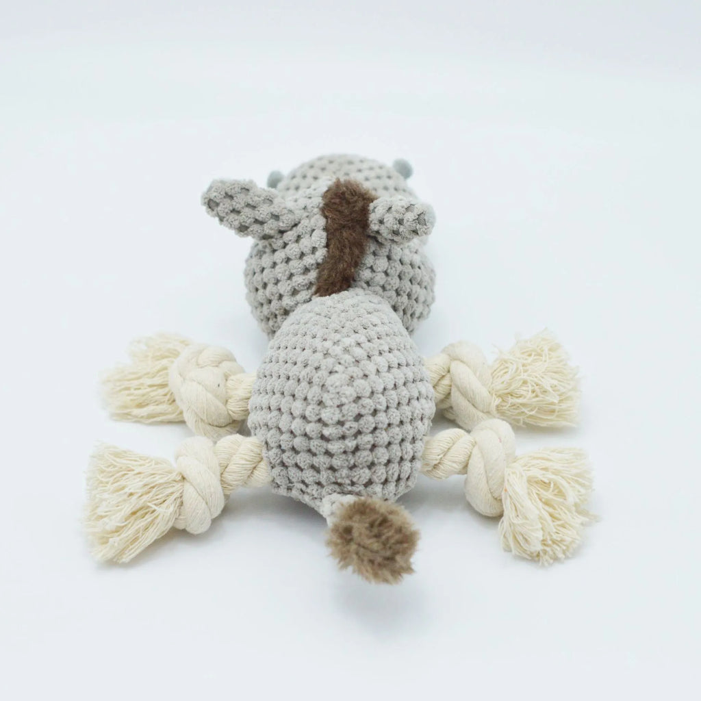 Grey donkey plush dog toy with creak sound mechanism measuring 27 x 20 x 9.5 cm