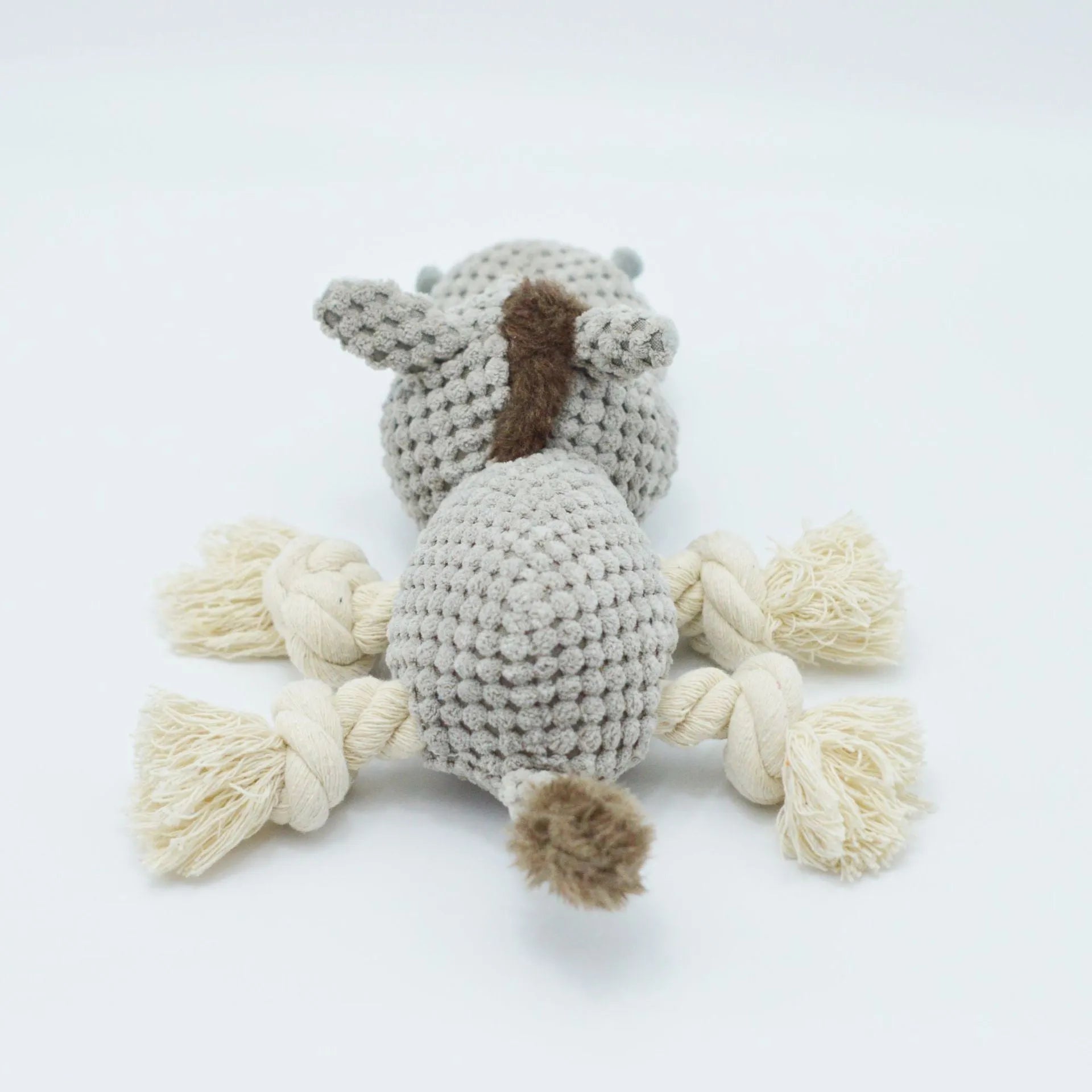 Grey donkey plush dog toy with creak sound mechanism measuring 27 x 20 x 9.5 cm