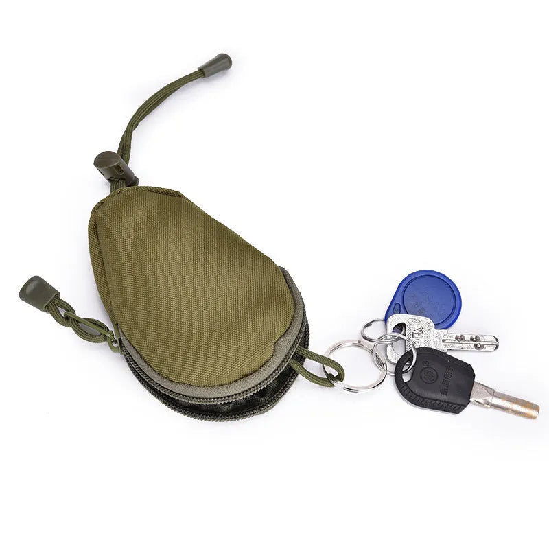 Black Oxford cloth outdoor key bag with telescopic rope, shown with zipper open, dimensions 13cm by 8cm.