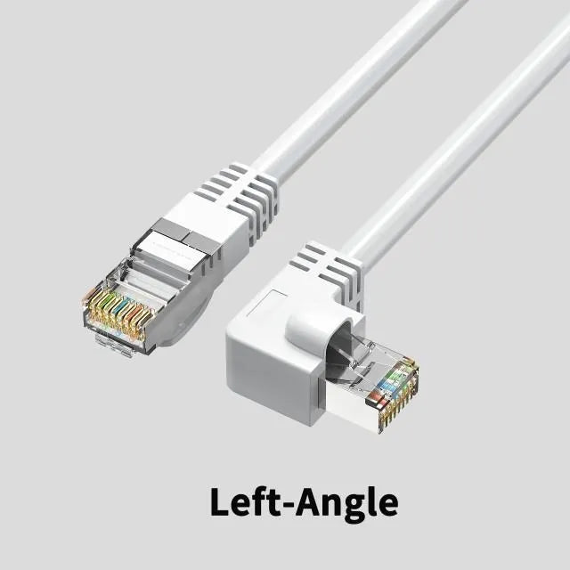 Coloured Cat6 Ethernet cable with a right-angled metal RJ45 connector plug in a choice of four orientations.