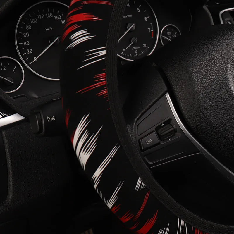 Car steering wheel cover in imitation leather, black red colour, elastic type without inner ring, sports style