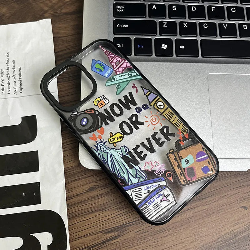 Free Travel acrylic hard phone case with travel ticket print compatible with iPhone 11 to 16 Pro Max