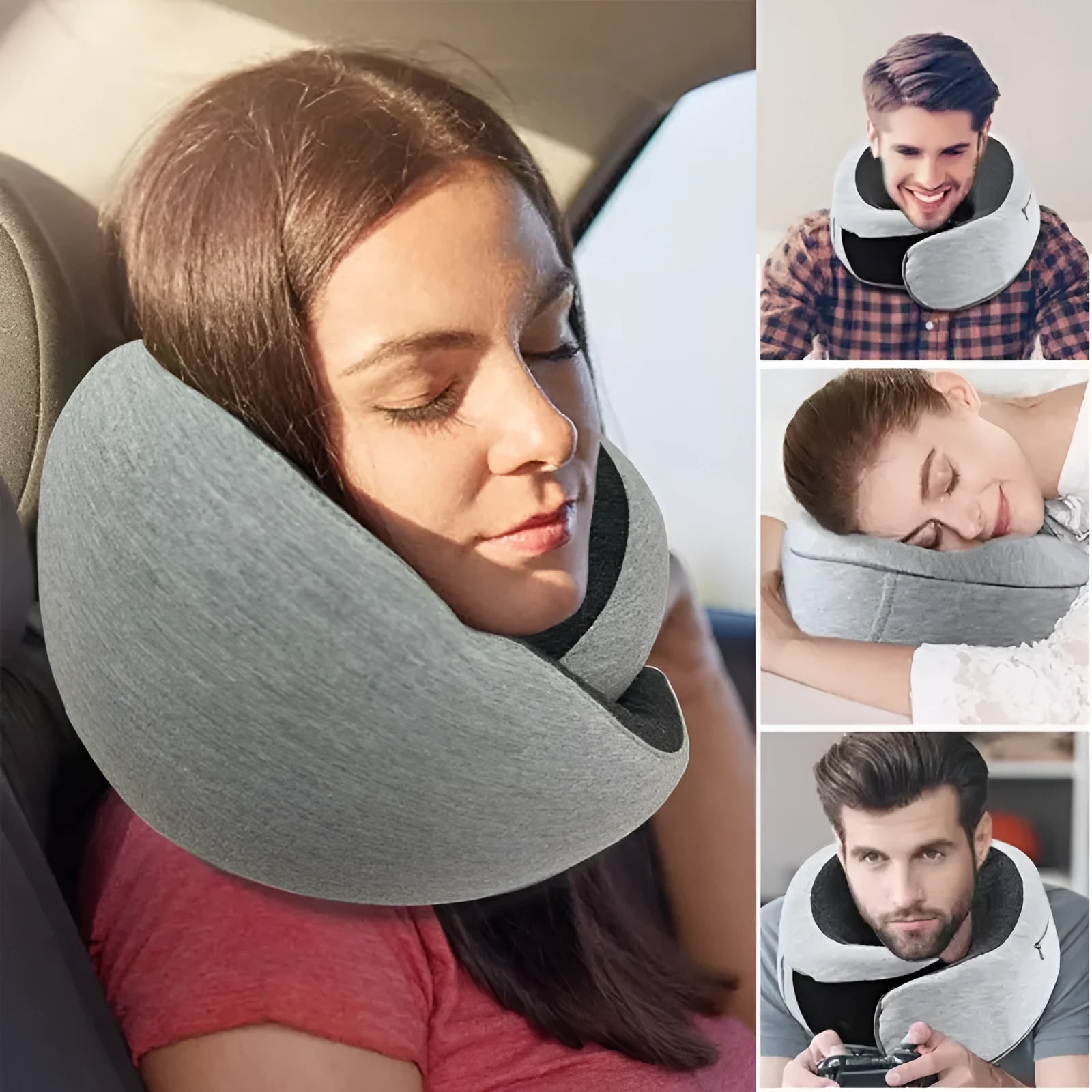 U-shaped travel neck pillow with memory foam filling in navy blue colour with buckle fastening