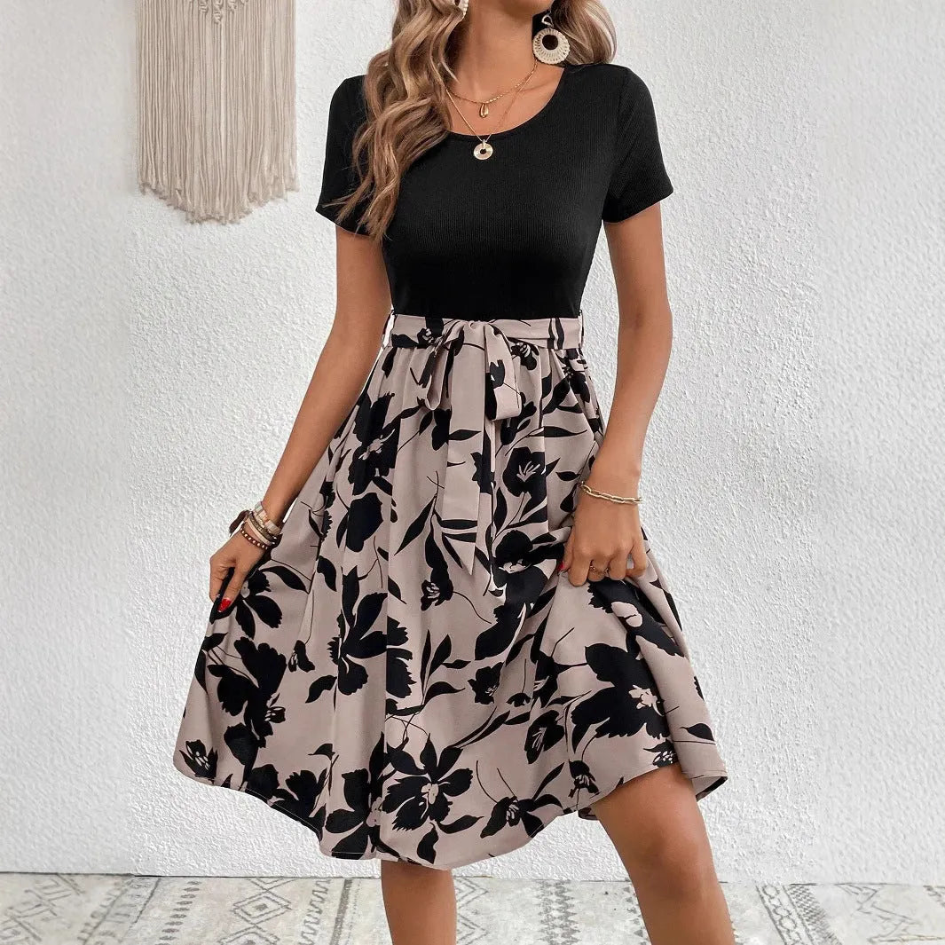 Women's khaki A-line dress with lace-up shoulder straps and plant pattern design