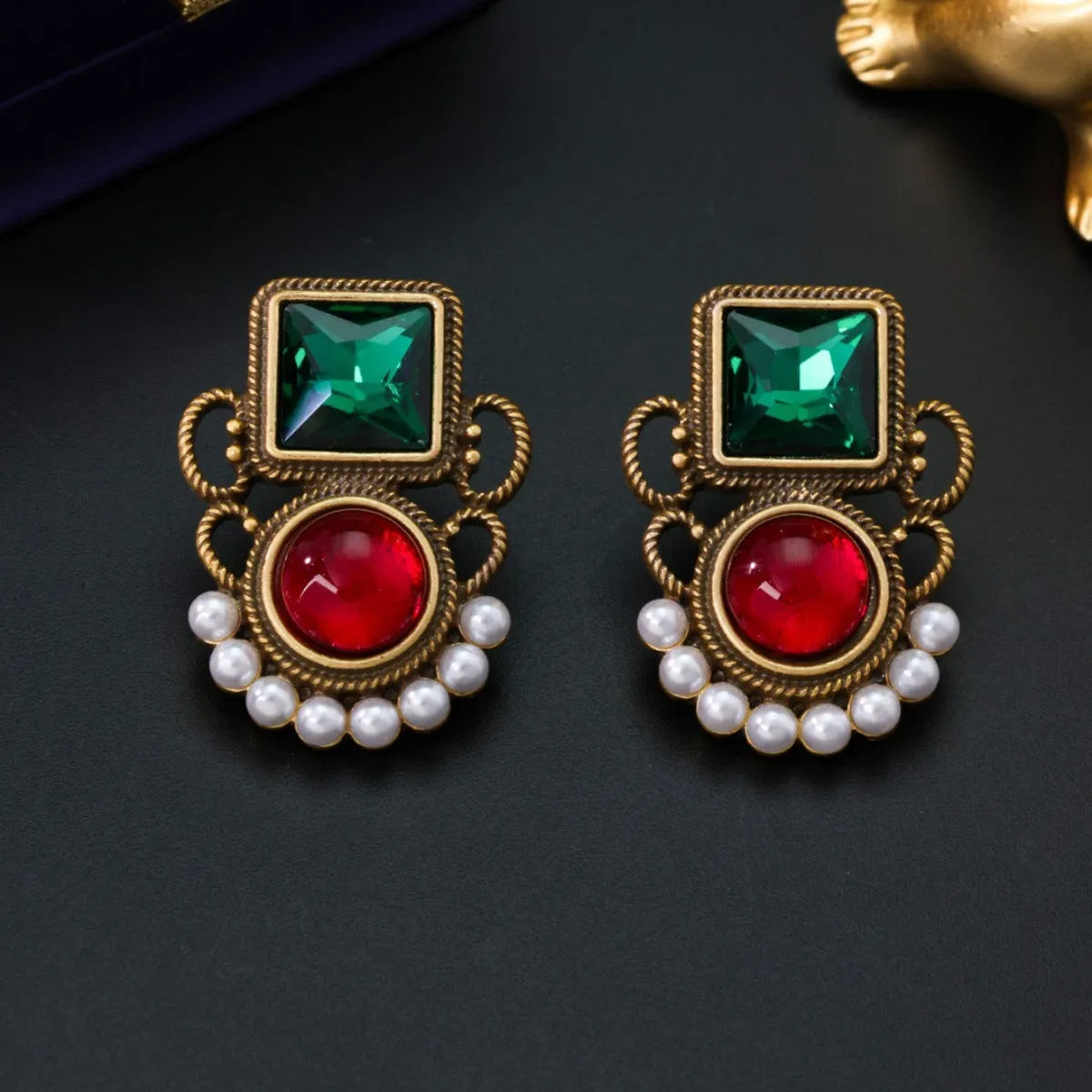 Colourful jelly glaze flower ear studs in alloy with electroplated finish, Chinese style, 3.8 x 2.9 cm