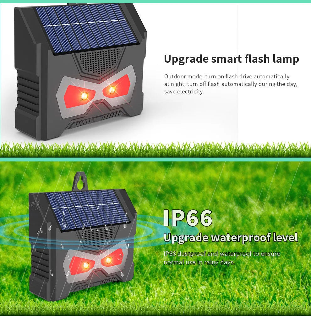 Black animal-shaped solar-powered ultrasonic pest repeller for outdoor garden use