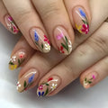Almond-shaped removable flower nail art set with rose and tulip patterns in solid colour sweet style