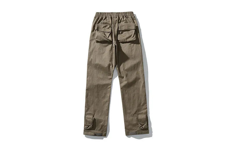 Men's cargo trousers in khaki or black, straight leg, mid-waist, drawstring ankle, cotton blend.