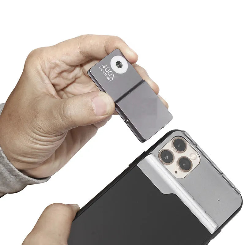 Black and silver aluminium alloy and TPU mobile phone microscope lens with 400X magnification for iPhone models
