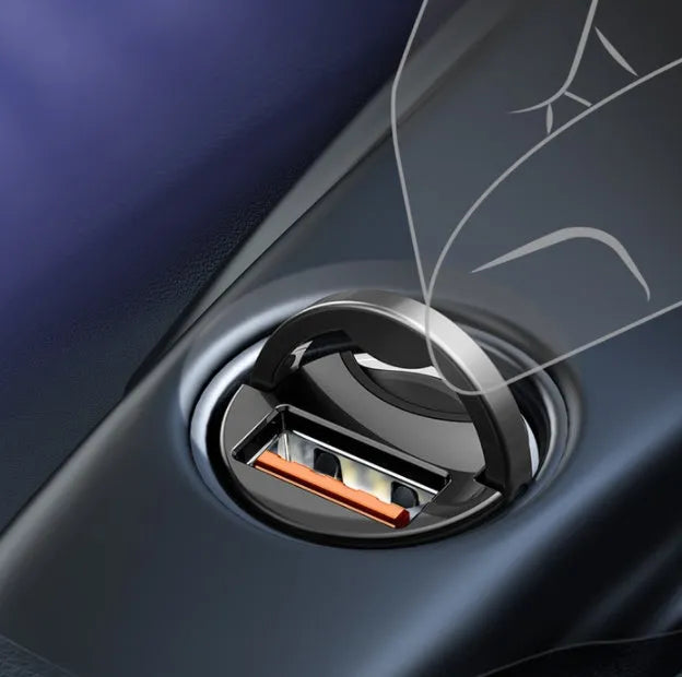 Grey Baseus 30W PPS fast car charger with single USB port and attached cable.