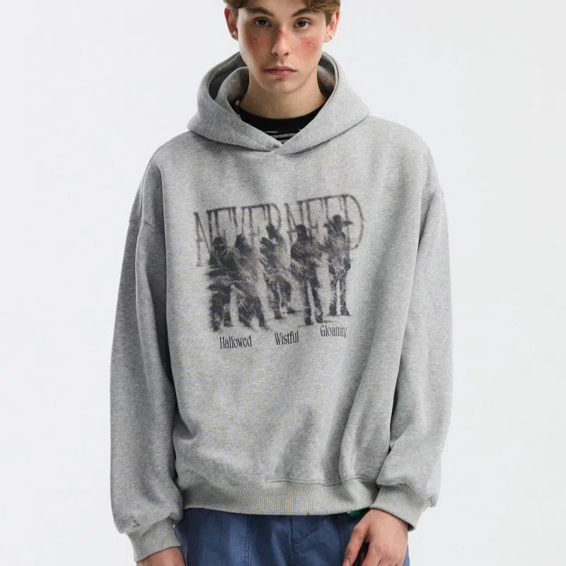 Men's cotton hooded sweatshirt with blurred portrait print, loose fit pullover in black or grey, sizes S to 2XL