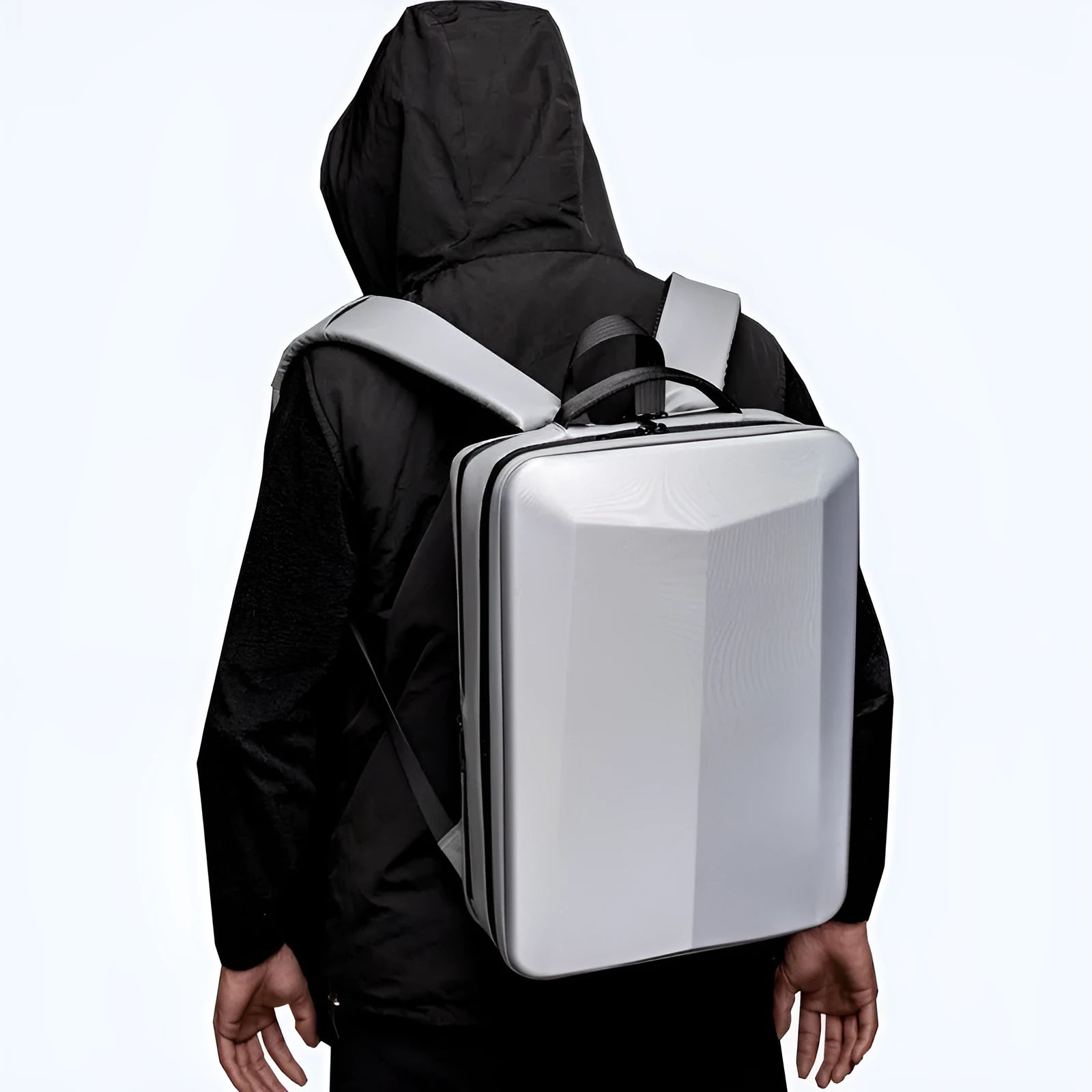 Black waterproof ABS PC business laptop backpack with curved shoulder straps and silver white accent