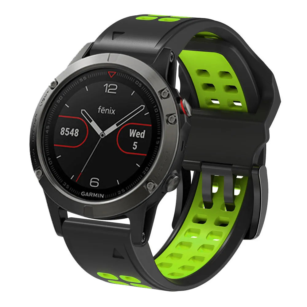 Quick release two-colour silicone watch strap with pin buckle in black and orange