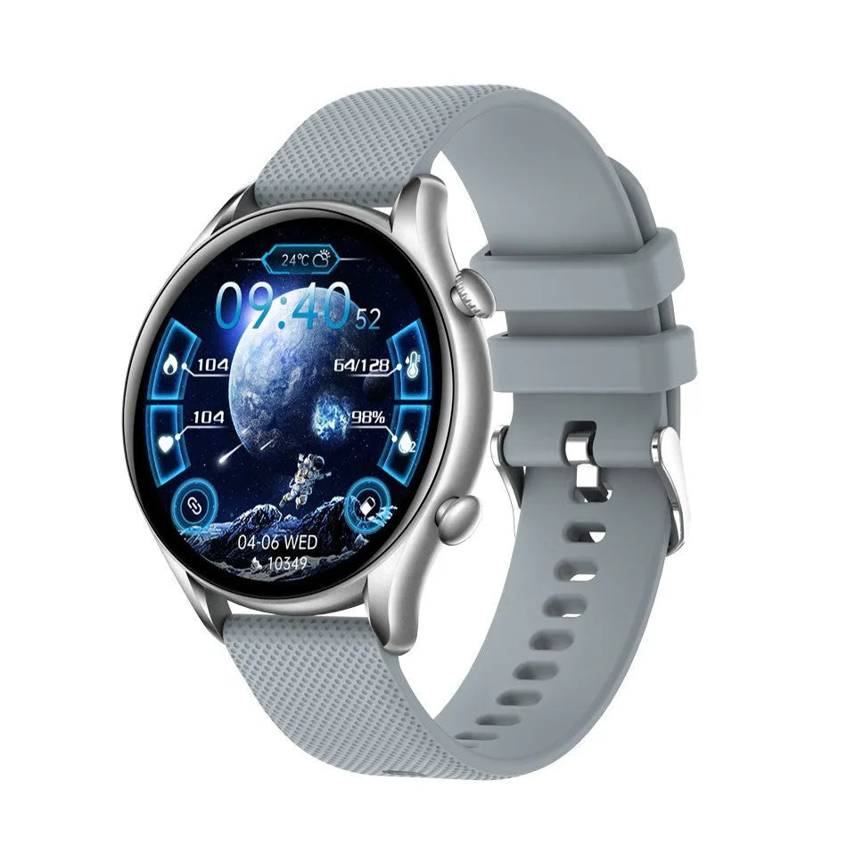 KT60 smart watch with 1.39-inch HD round IPS screen in black glue colour on a wrist showing the display