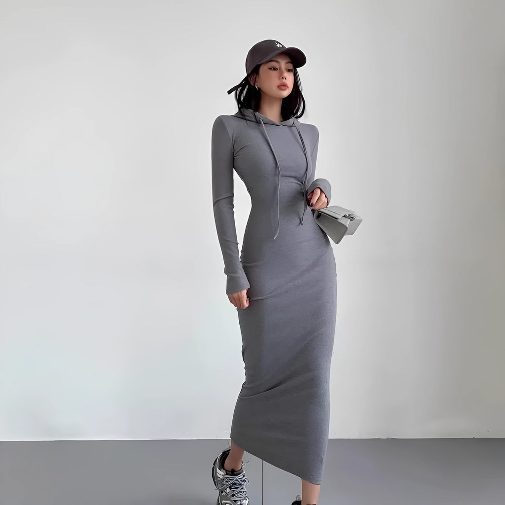 Women's light gray hooded sheath dress with long sleeves and a high waist on a hanger