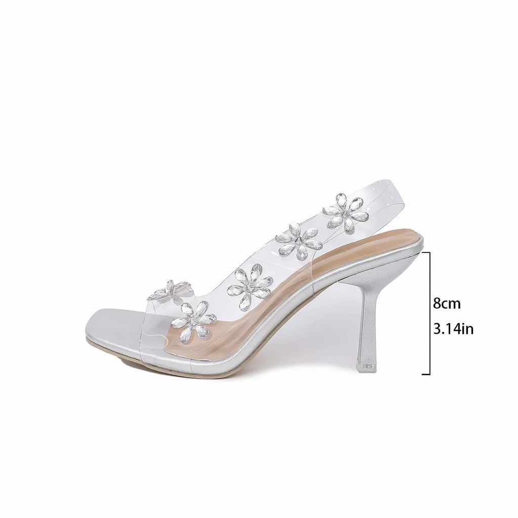 Women's transparent PVC rhinestone flower slingback square toe high heel sandals gold colour side view