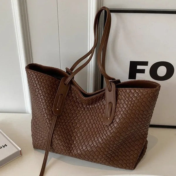 Large capacity PU woven bag for women in khaki colour with sandwich pocket and mobile phone pocket