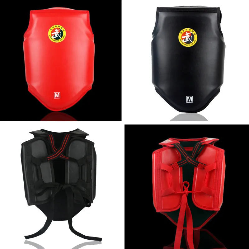 Sanda chest protector in PU material with integrated design, available in red, blue, and black colours for boxing training