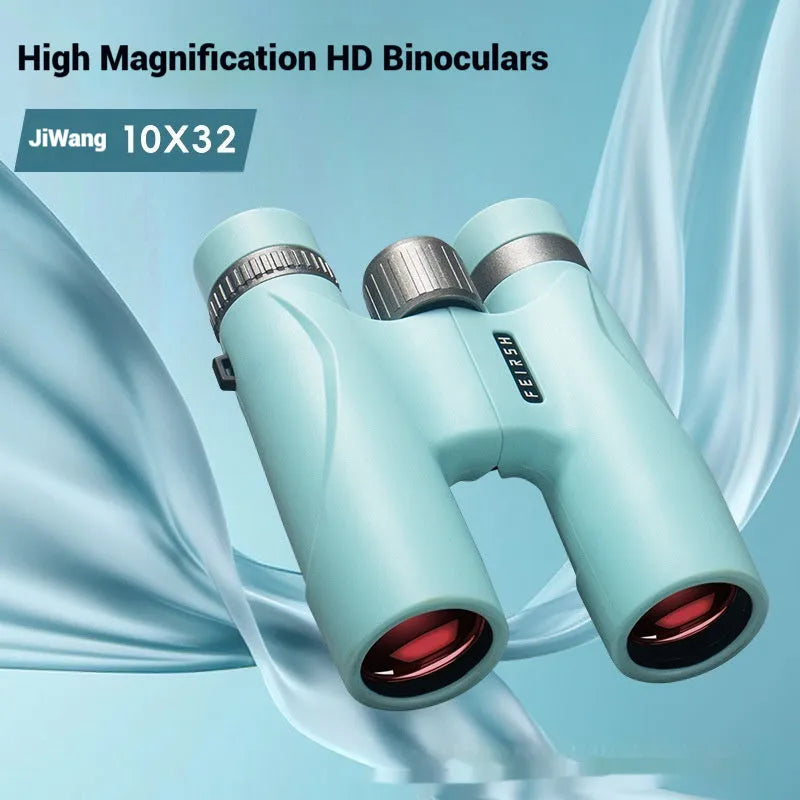 Blue or grey coloured 10x32 compact binoculars with wine red film imaging.