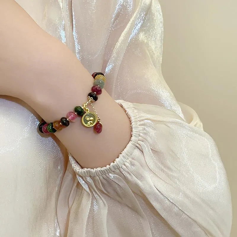 Natural stone colour tourmaline abacus beaded bracelet with rabbit pendant