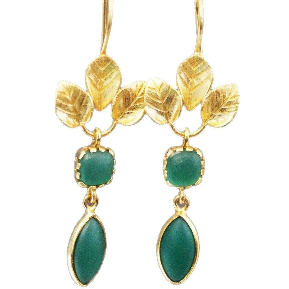 Gold retro water drop earrings with French leaves and tassel details on a delicate copper drop shape.