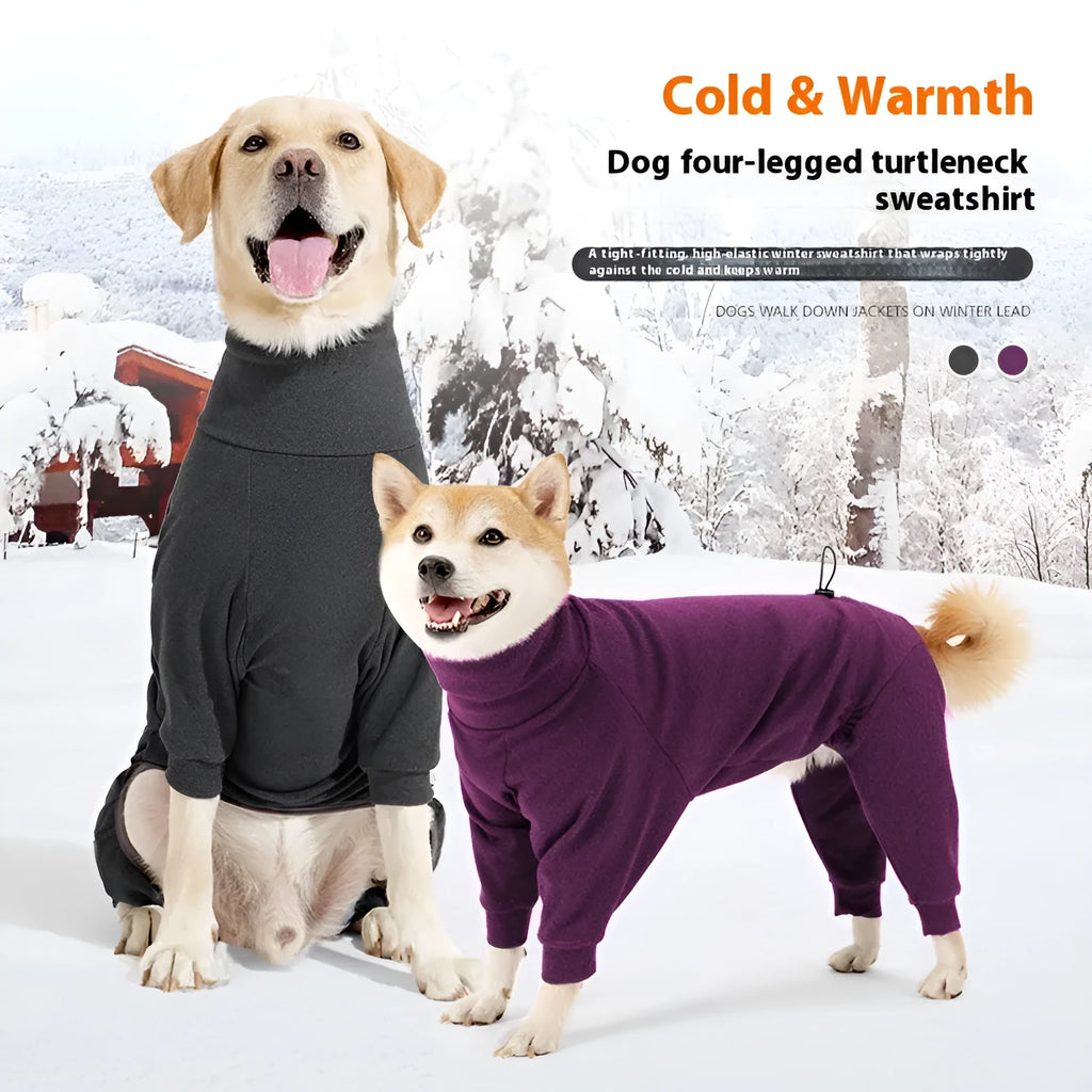 Dark grey four-legged polar fleece dog coat with high collar on model dog