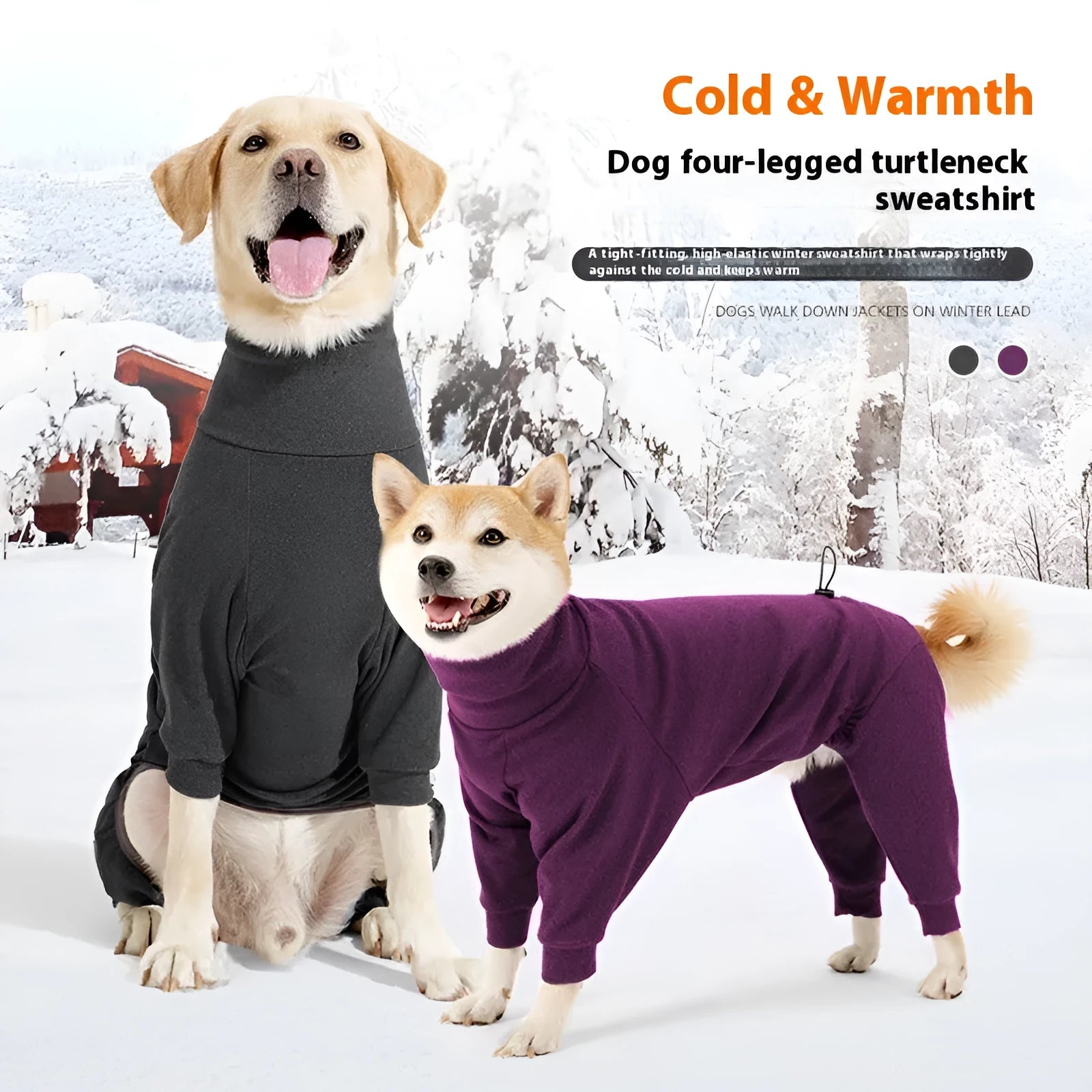Dark grey four-legged polar fleece dog coat with high collar on model dog
