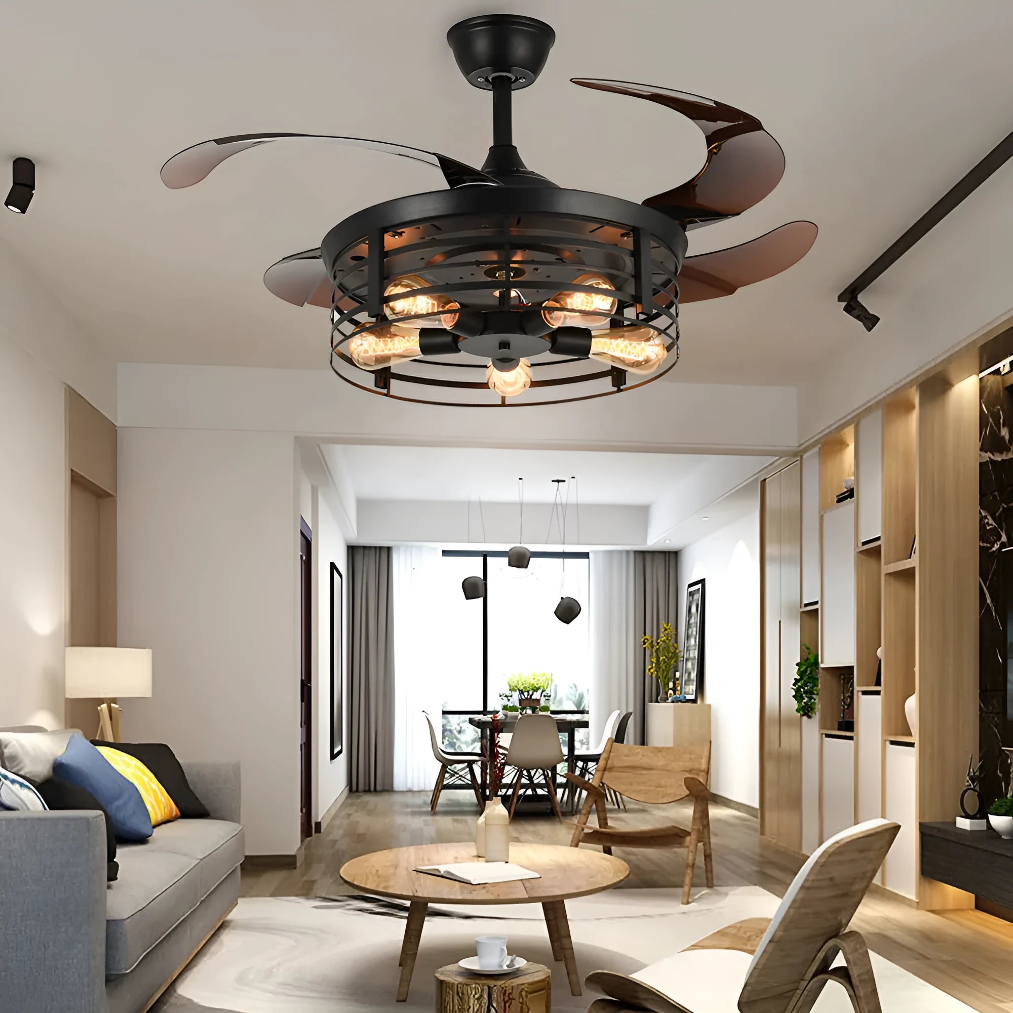 American retro styled ceiling fan lamp with integrated light and acrylic blades, shown with remote control.