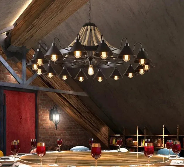Industrial iron ceiling lamp with hemp rope wrapping, 800mm size, for living room or restaurant