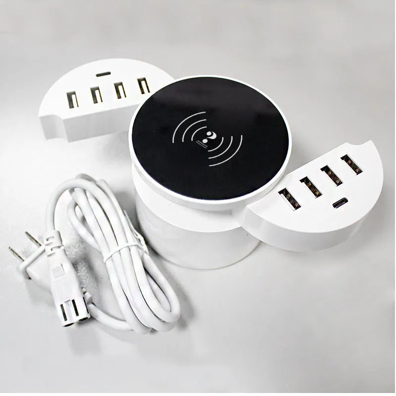 Ceramic white circular wireless charger with multiple ports, adapters for EU UK US outlets, and 1.5 metre cable