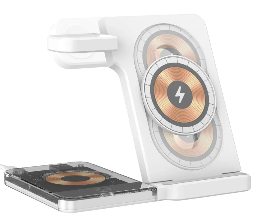Desktop magnetic three-in-one wireless charging stand foldable with metal base and night light in black side view