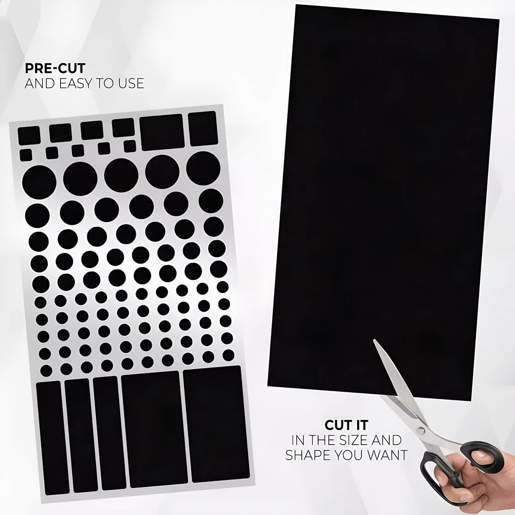 Pack of black matte finish blackout stickers for covering LED lights on air conditioning units and other electronics