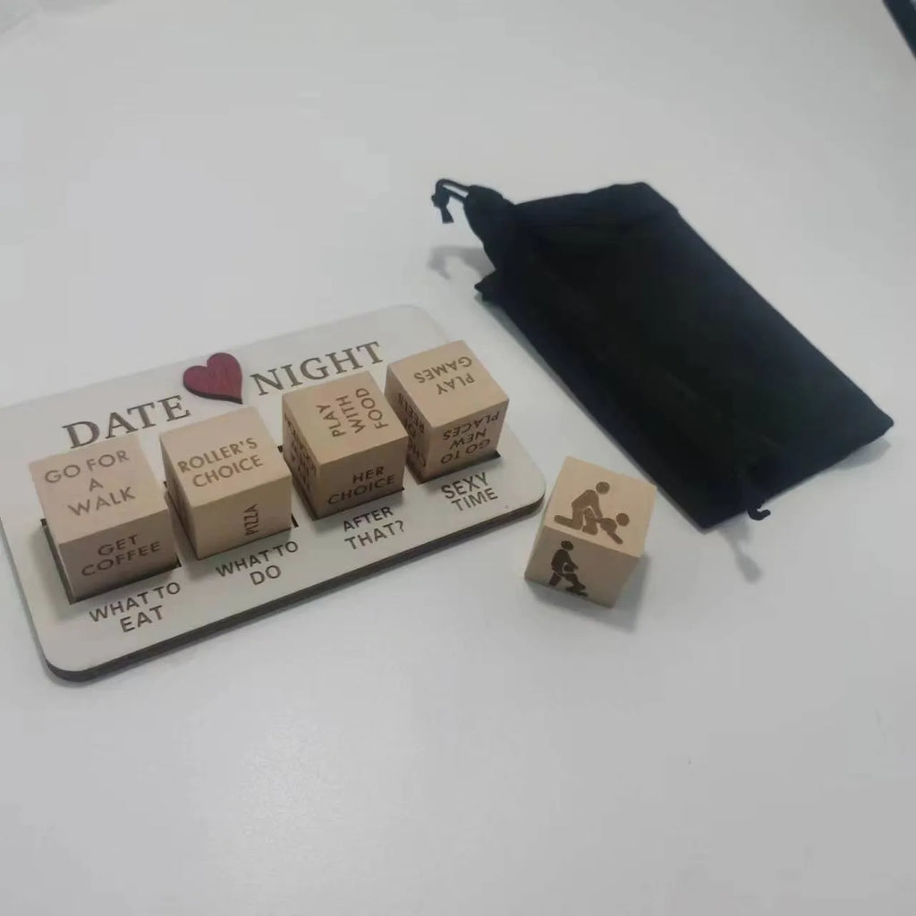Wooden date night dice set with 5 dice, planner board, and black storage bag on a table