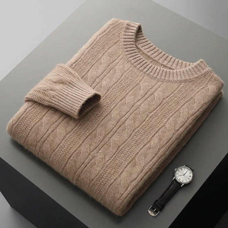 Men's thickened jacquard knitted sweater loose pullover in white, elephant gray, light gray or camel, sizes S-XXXL