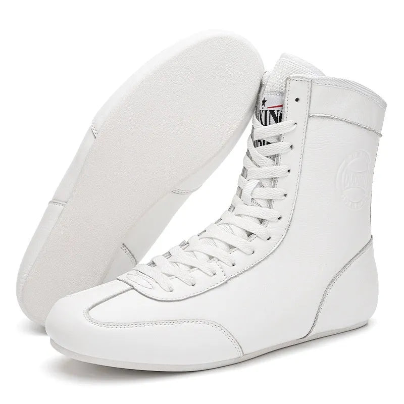 Black gold mesh and white leather professional boxing shoes with non-slip sole for wrestling training